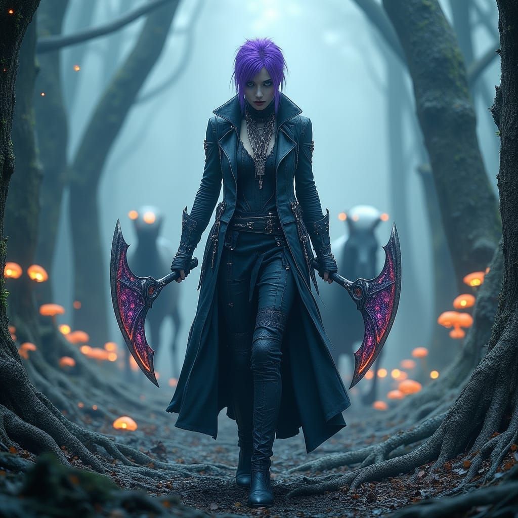 Gothic Cyberpunk Warrior in Misty Forest