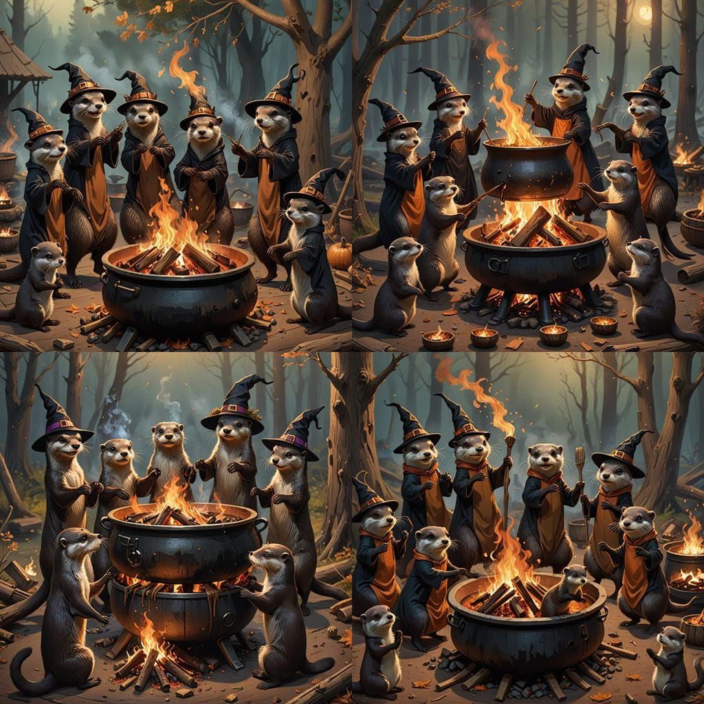 Witch Otters and Weasels Dance Around a Cauldron