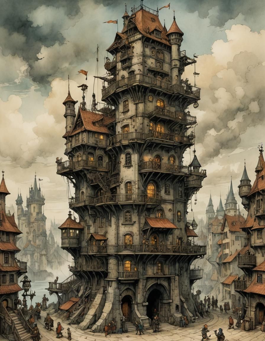 Steampunk Tower in Anton Pieck Illustration Style