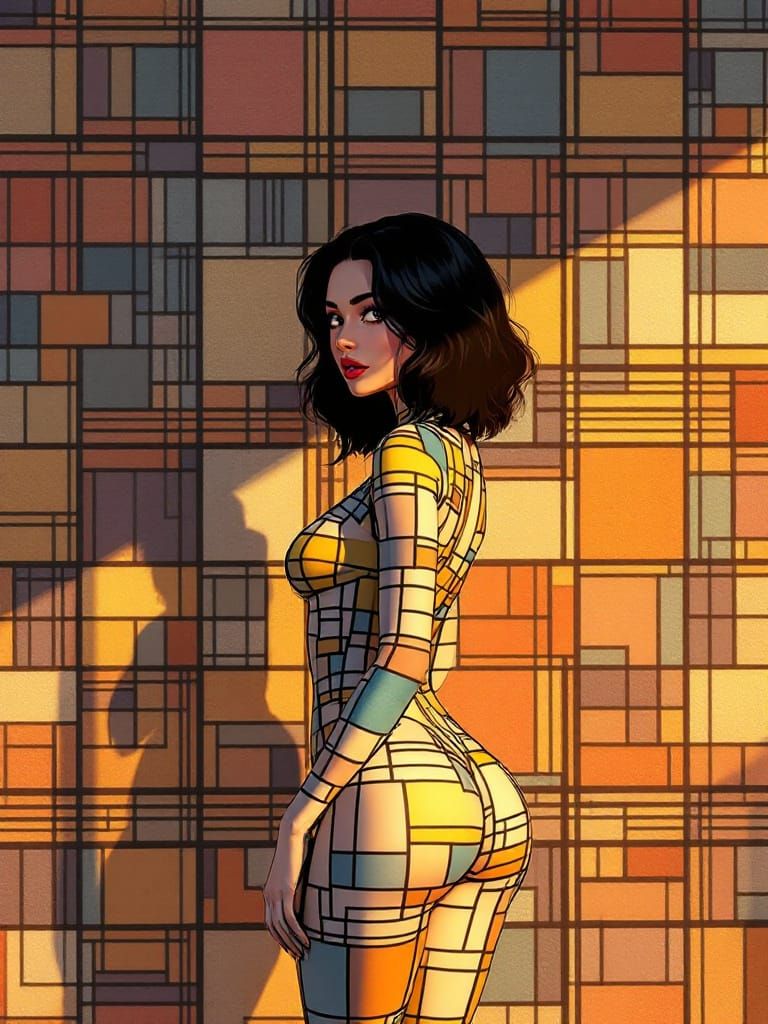 Woman Merges with Geometric Wall Art in Amber Tones