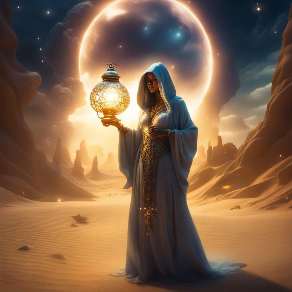 Djinn in Desert Oasis with Mechanical Sphere