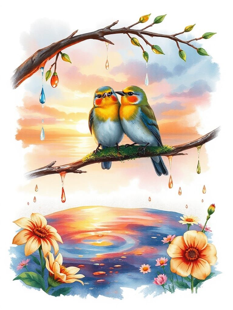 Pastel Lovebirds in Watercolor Reflect Sunset