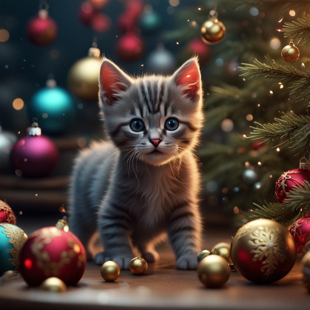 Kitten's Christmas Ornament Adventure: Detailed Digital Pain...