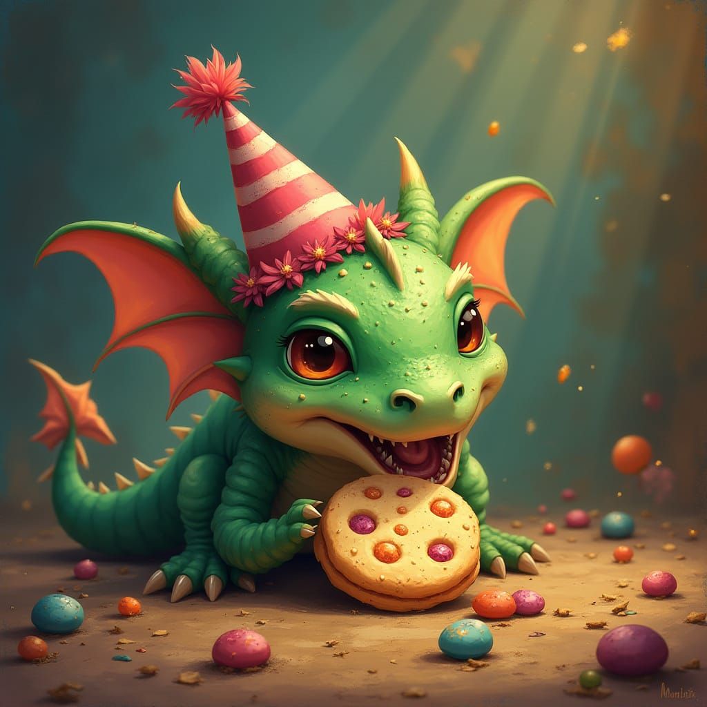 Dragon Devouring Cookie in Whimsical Fantasy Style
