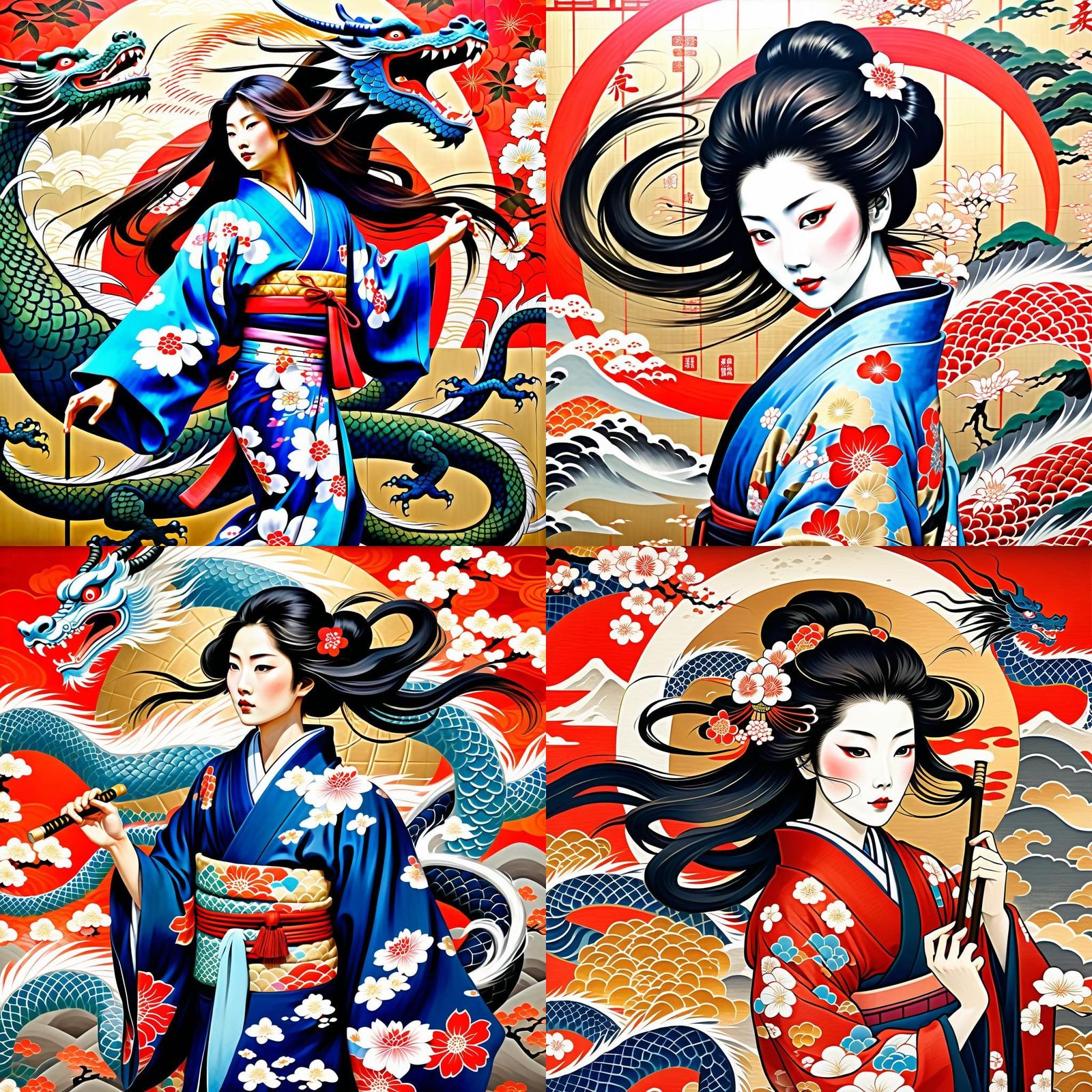 Japanese Samurai Woman with Dragon Mural Art