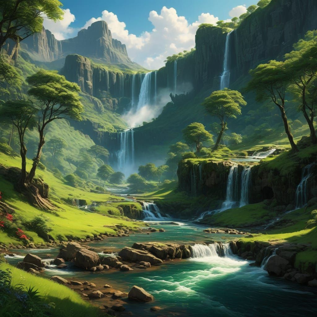 Serene Hidden Valley Landscape in Hyperrealistic Style
