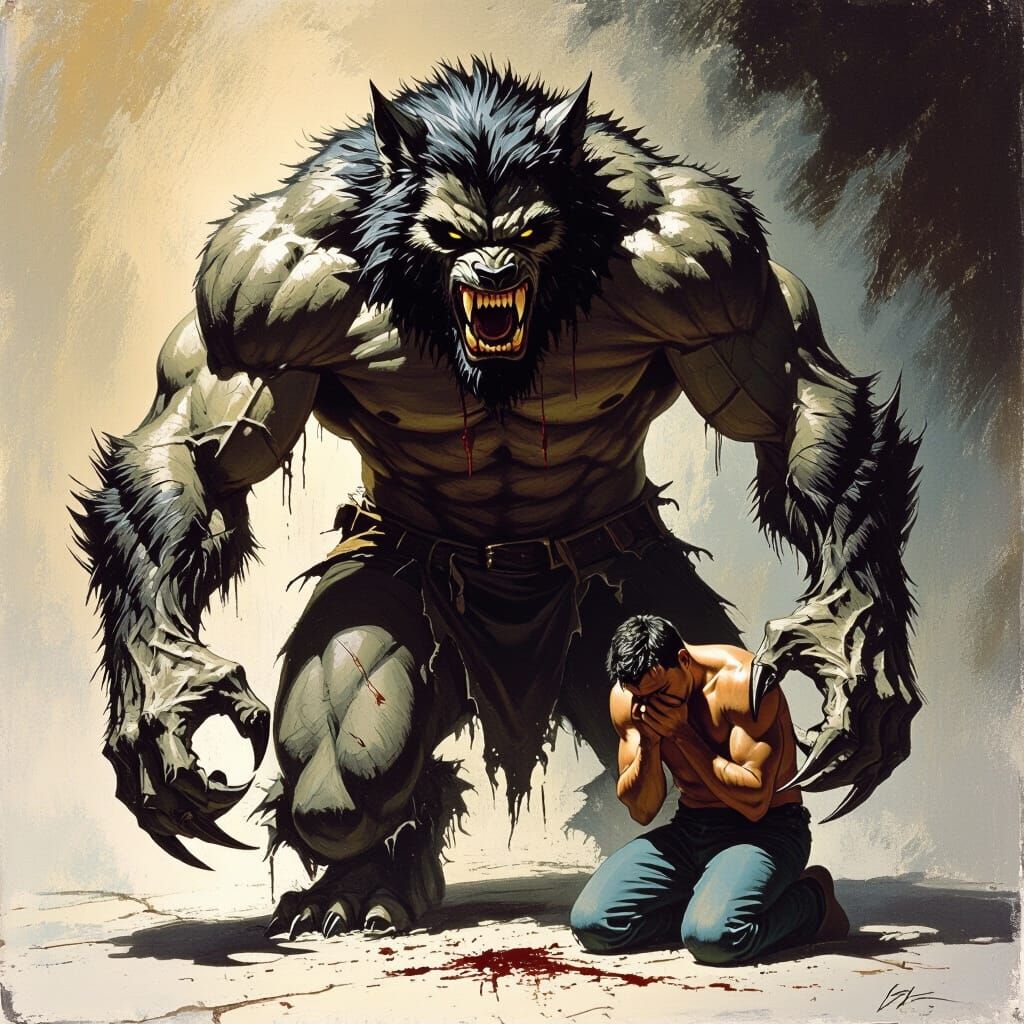 Muscular Wolfman with Inner Turmoil: Frazetta Style