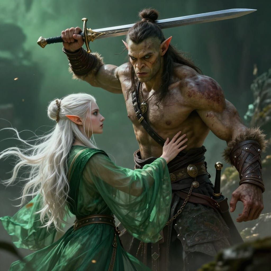Orc Warrior Prince Defends Elf Man in Epic Fantasy Scene