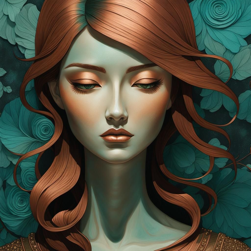 Copper Girl Portrait with Encaustic Texture and Patina