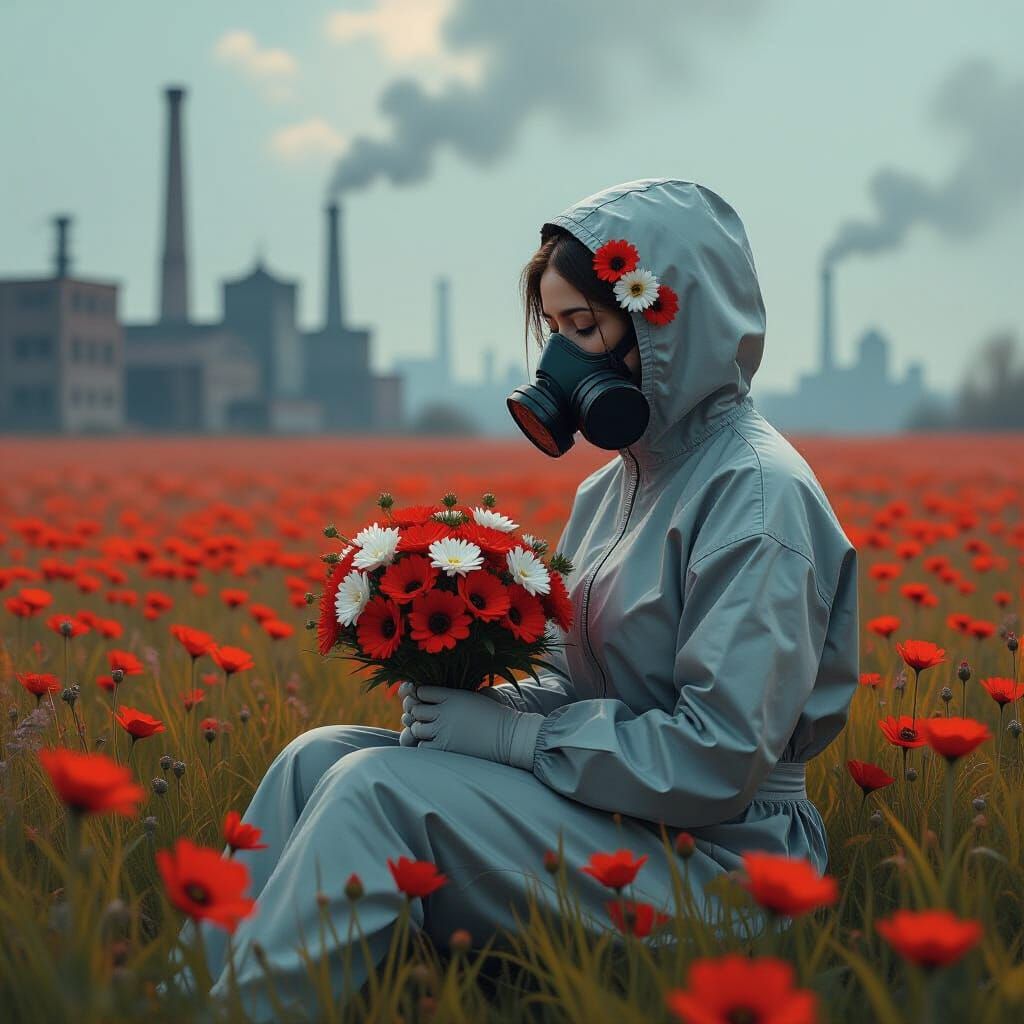 Hazmat Woman in Flower Field: Digital Painting