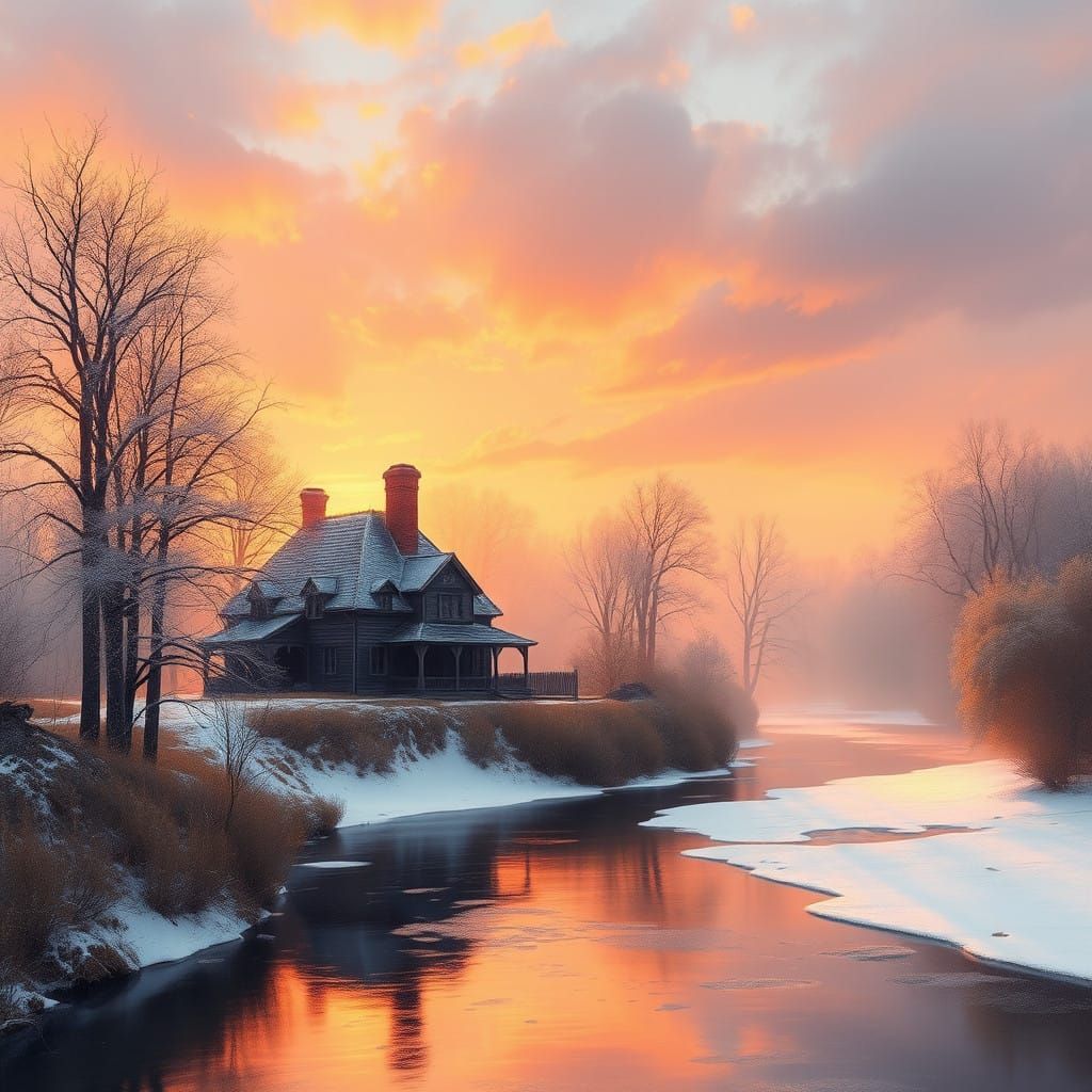 Bucolic Sunset Amidst Misty Trees in Soft Light