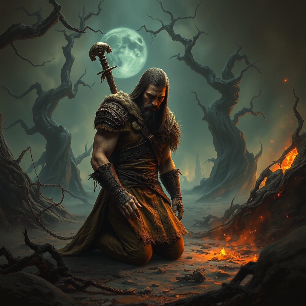 Dramatic Warrior in Ruined Landscape