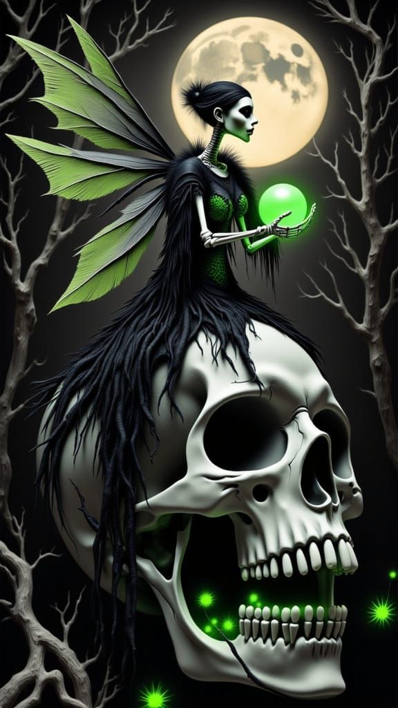 Skeletal Fairy with Bone Wings and Glowing Orb