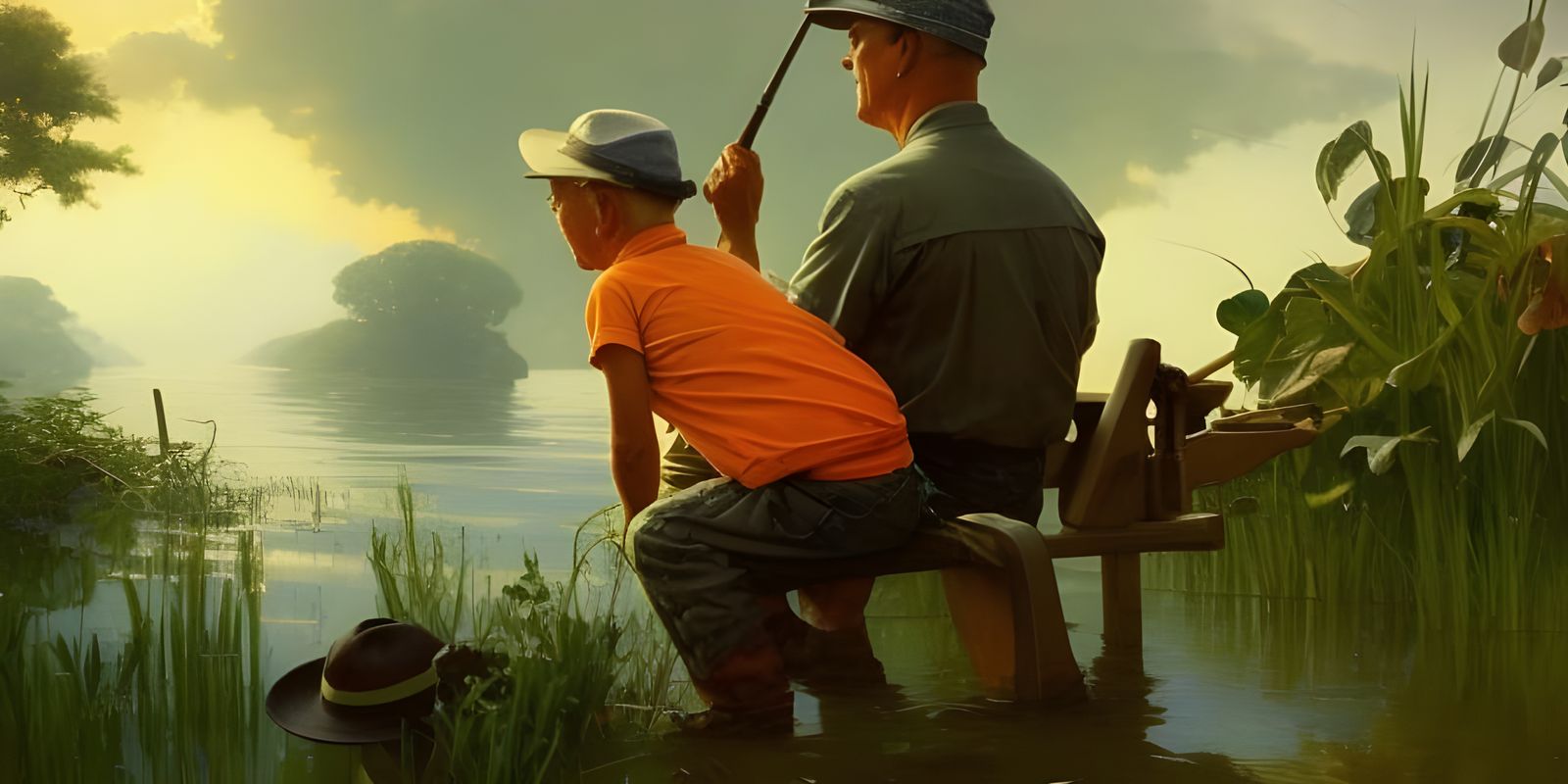 Grandfather and Grandson Fishing: Golden Age Illustration