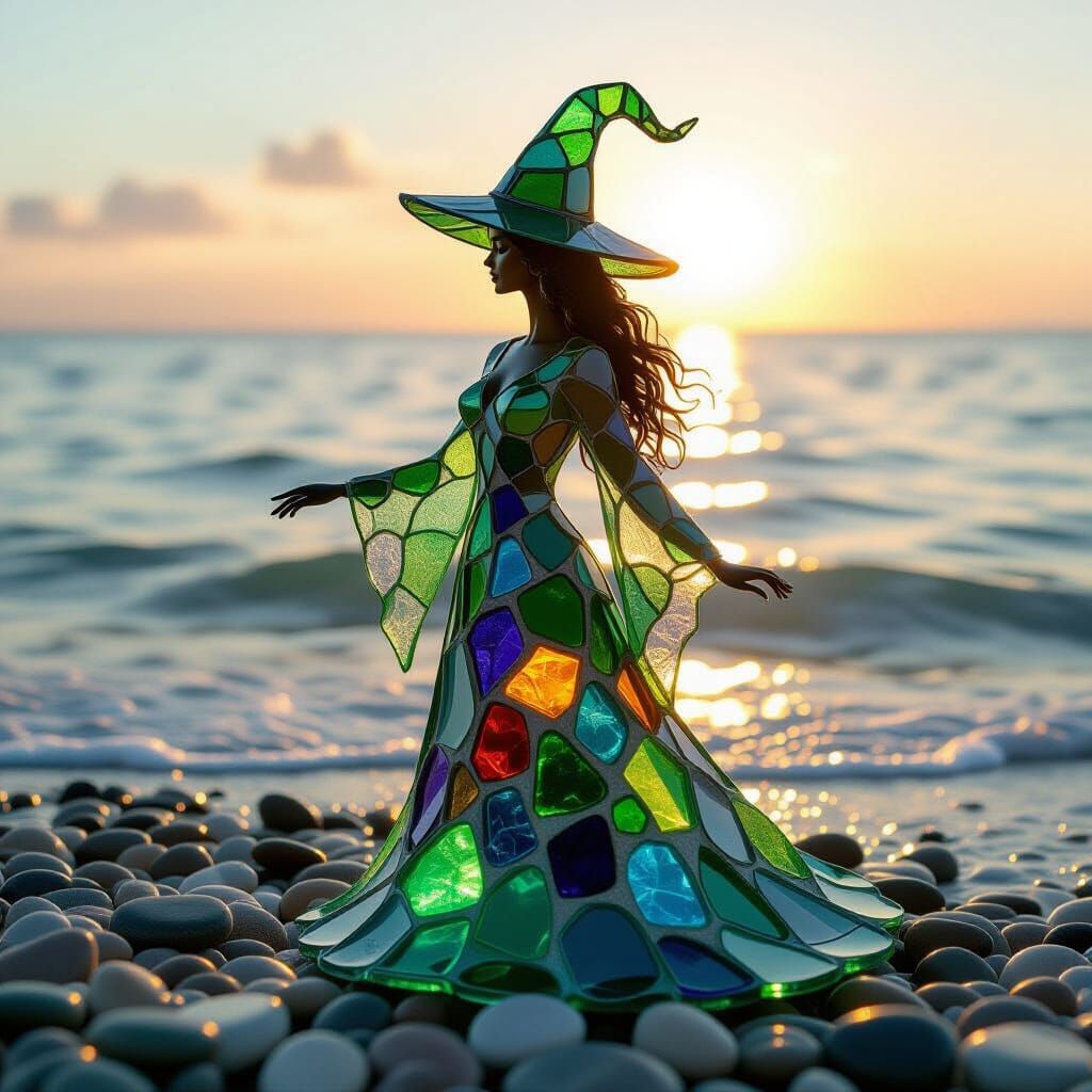 Sea Glass Witch Shimmering on Pebble Shore