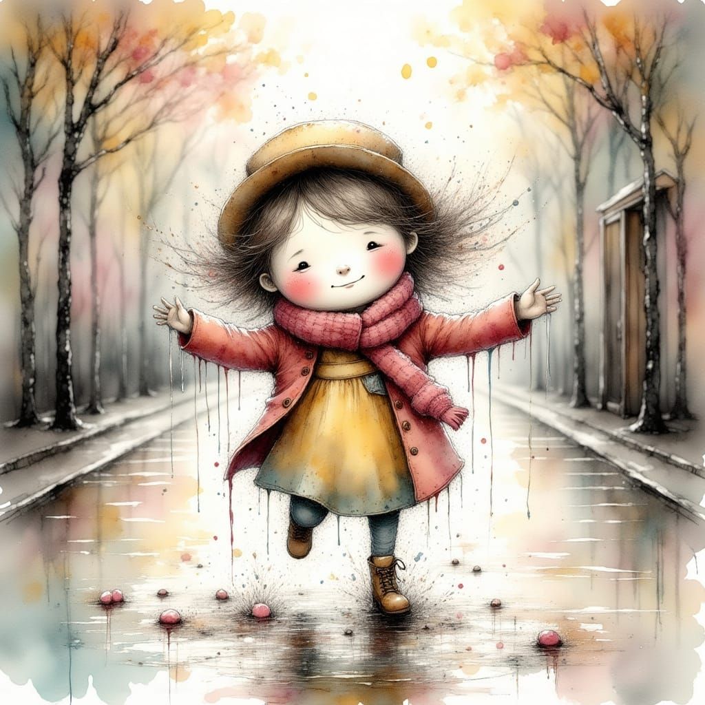 Child Joyfully Hopping in Rain Puddle, Painterly Style
