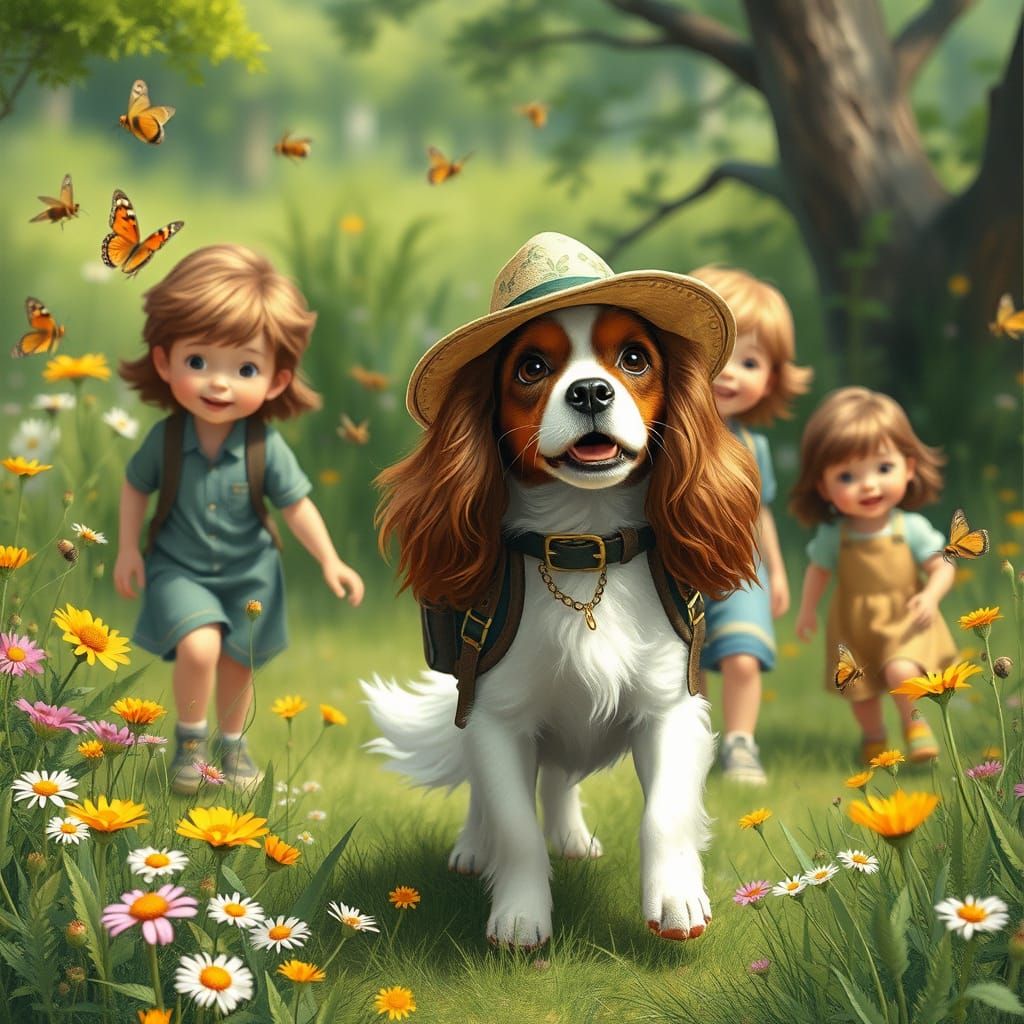 Cavalier King Charles Spaniel Leads Children in Meadow