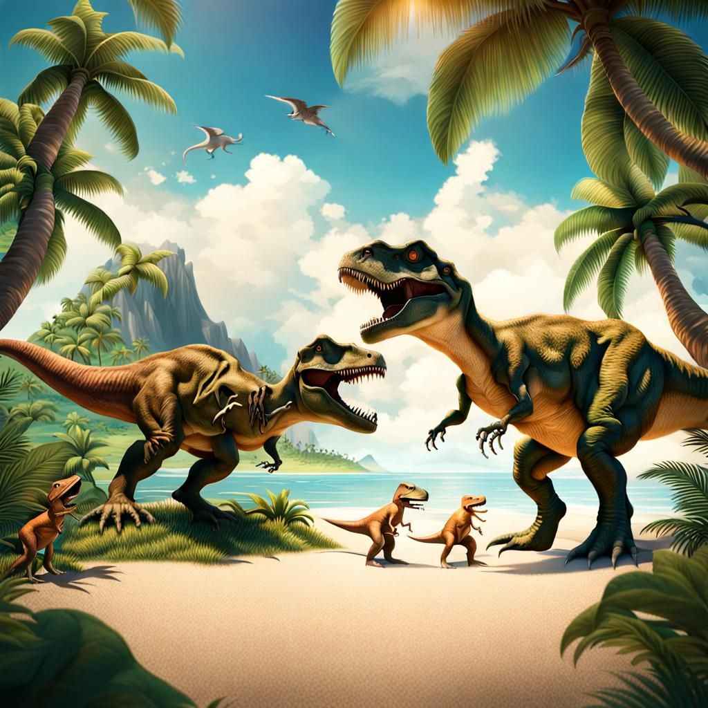 T-Rex Family on a Tropical Island