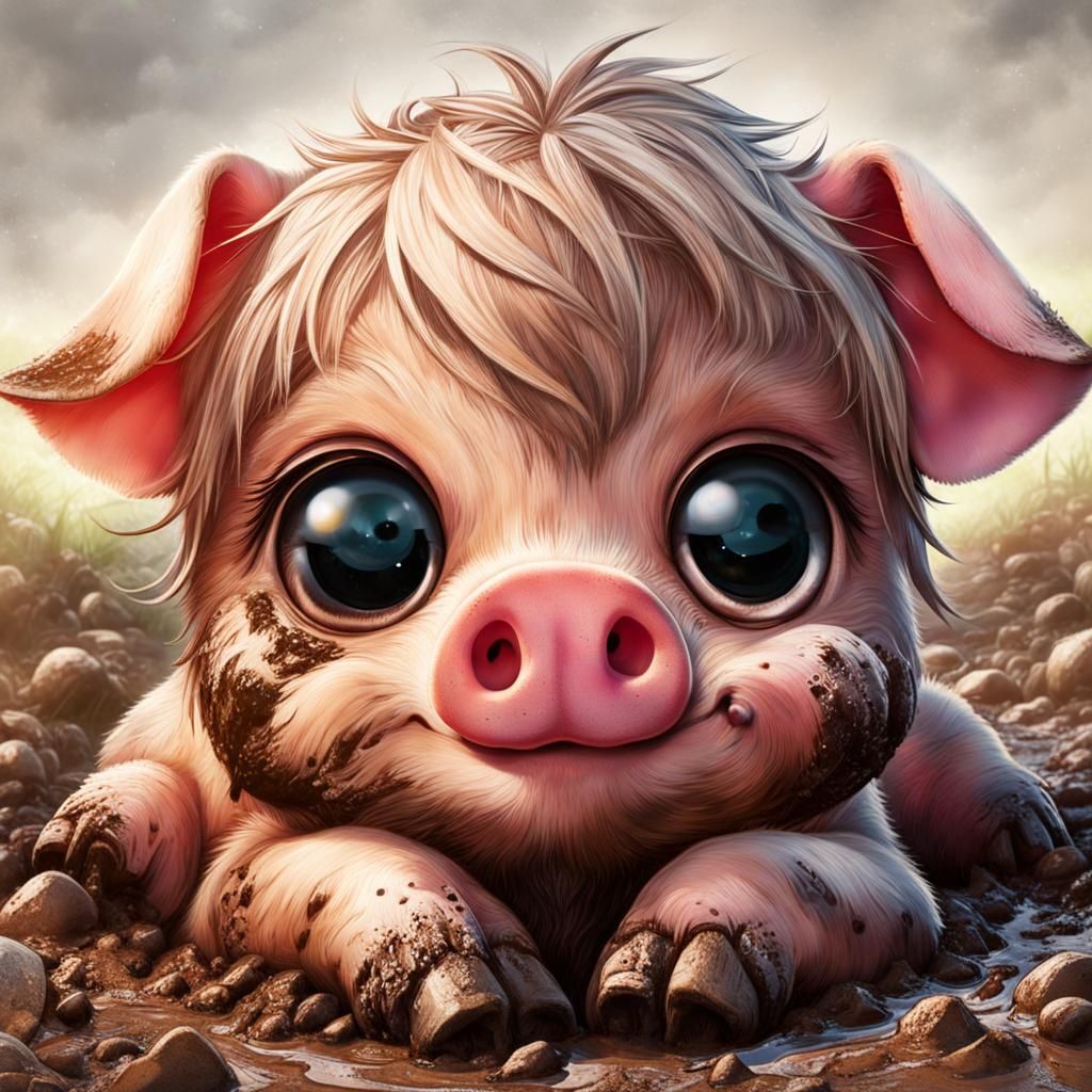 Smiling Piglet Playing Happily in Mud