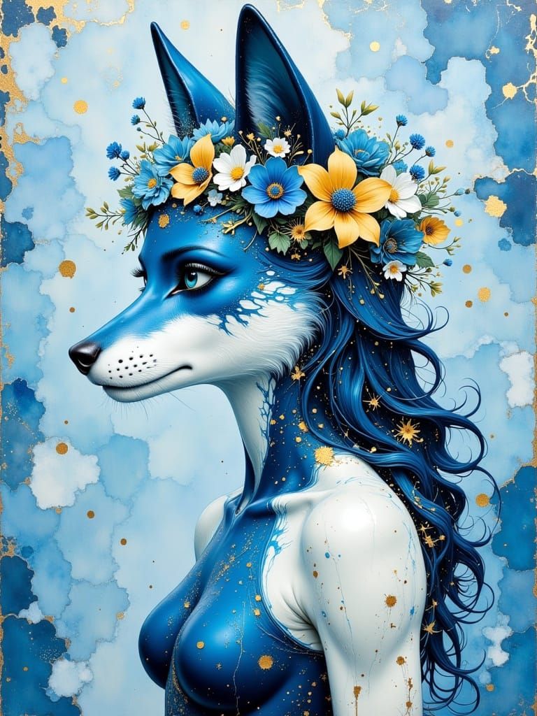Ethereal Blue Kitsune Maiden in Art Nouveau Style