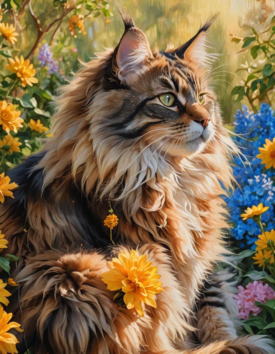 Maine Coon Cat in Sunlit Garden as Oil Painting