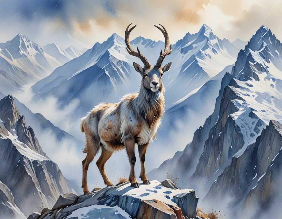 Majestic Markhor in Whimsical Watercolour