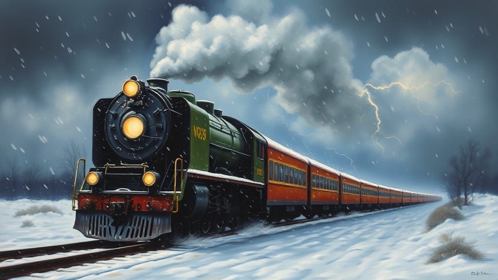 Vintage Train Races Through Snowy Storm on Canvas