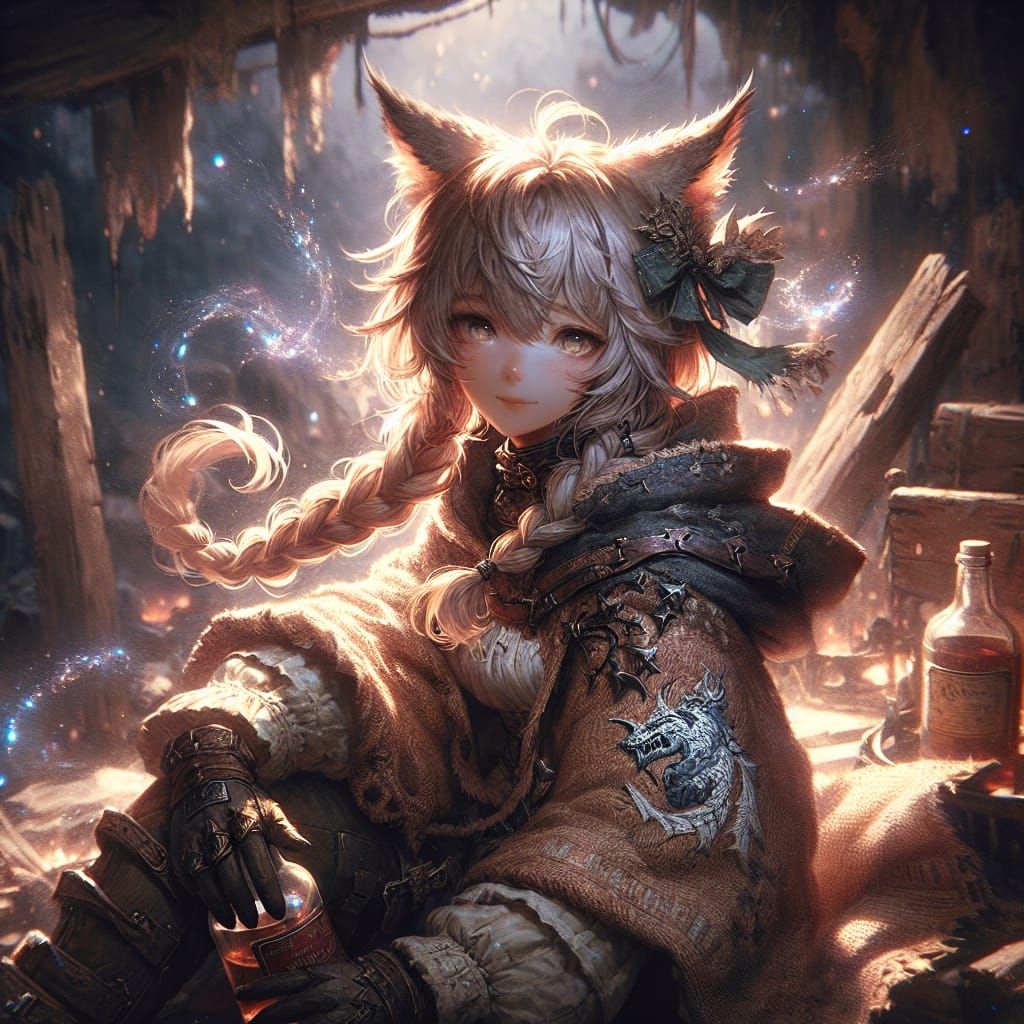 Anime Catgirl Warrior Resting After Battle