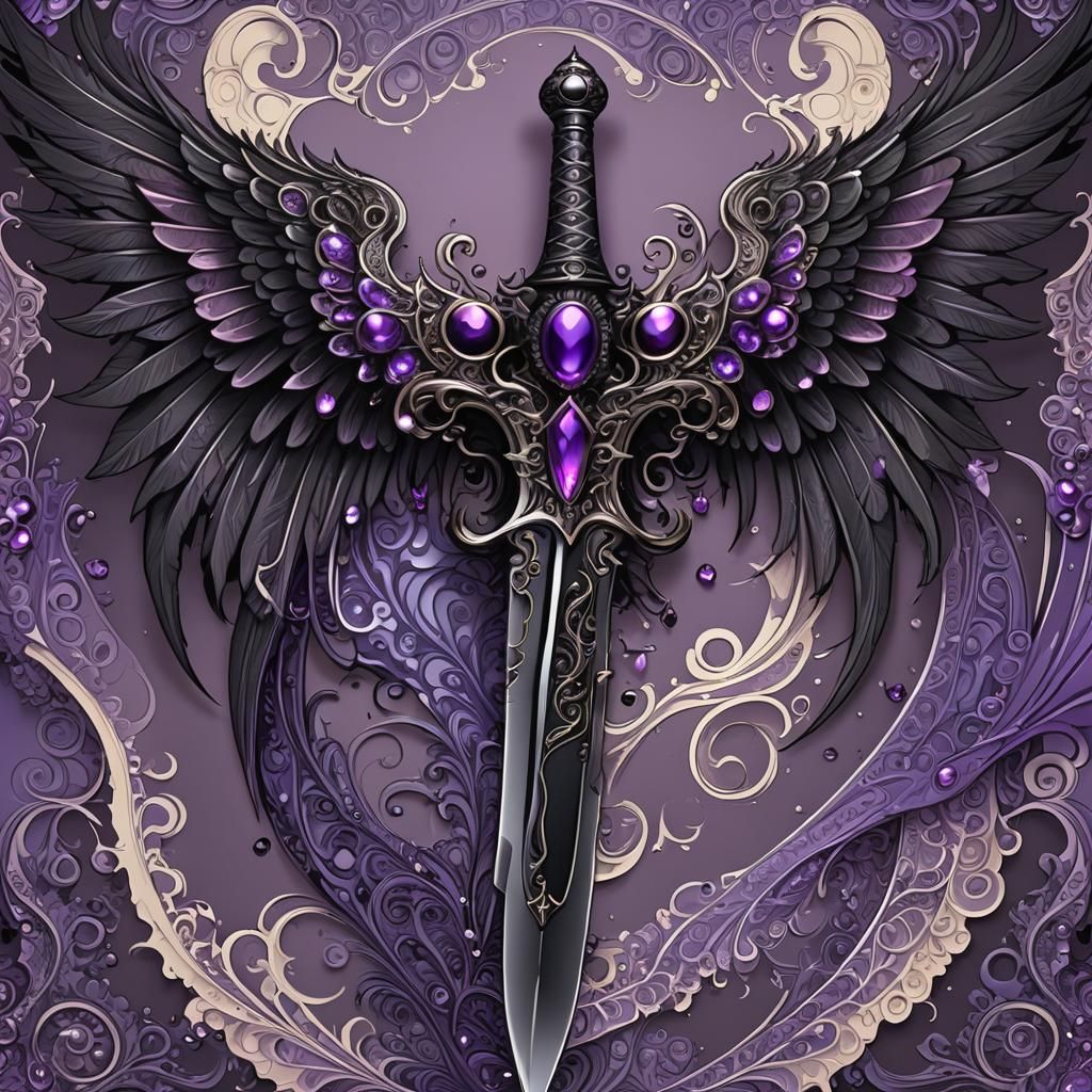 Black Sword with Purple Jewels and Angel Wings