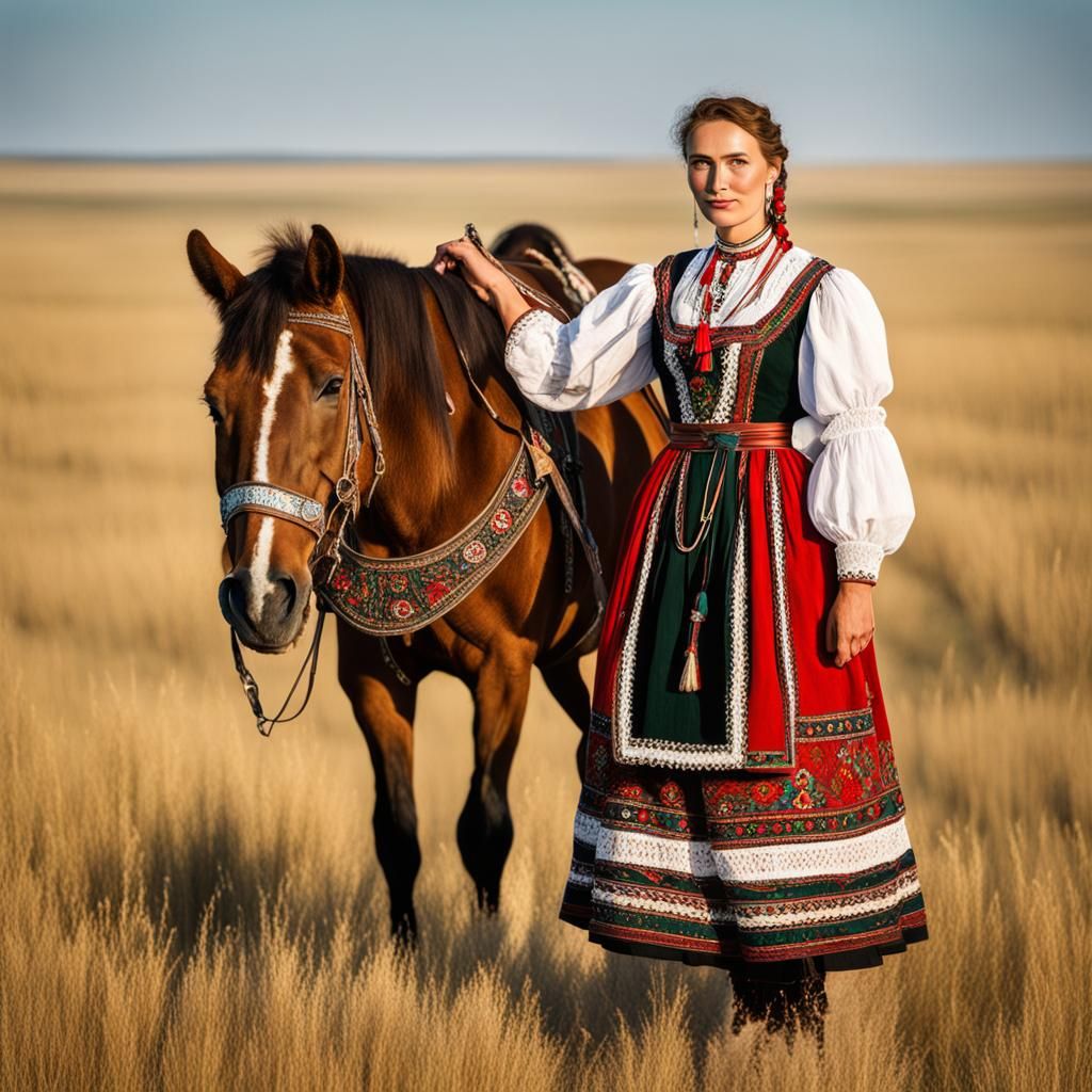Hungarian Girl in Traditional Dress with Horse
