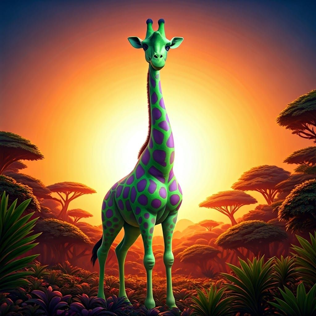 Enchanted Green Giraffe in Vibrant Sunset Landscape