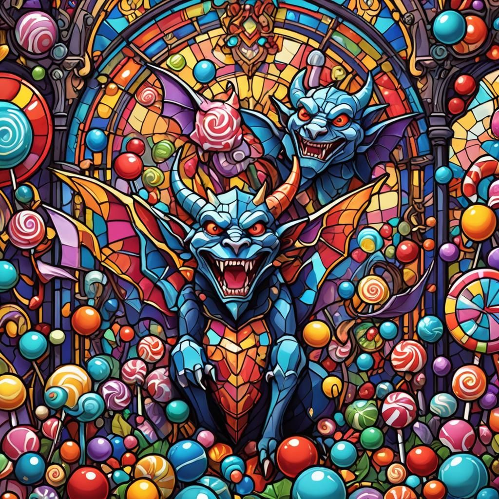 Demons and Gargoyles in Candy Art Stained Glass