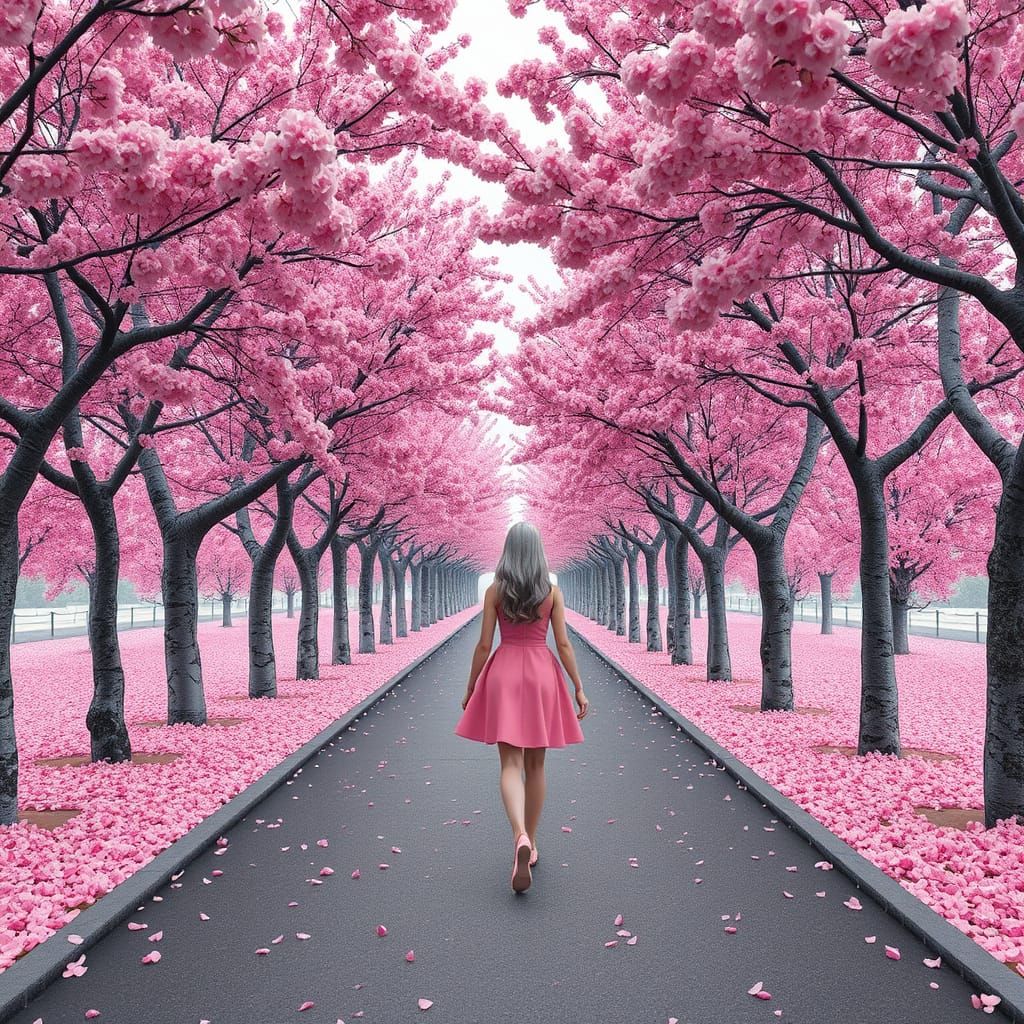 Gray Pathway Under Pink Cherry Blossom Canopy