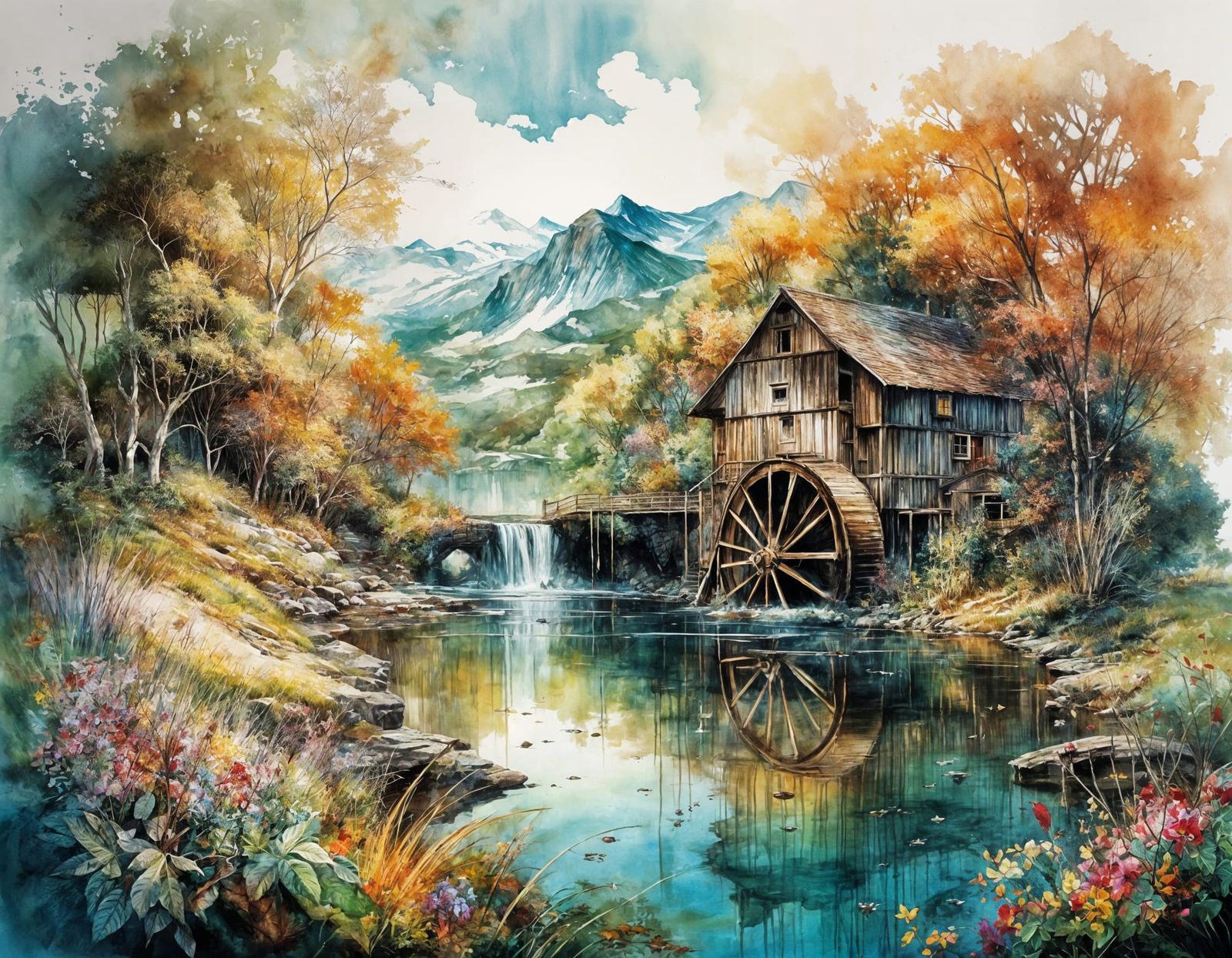 Ethereal Summer Water Mill Scene in Vibrant Watercolour Styl...