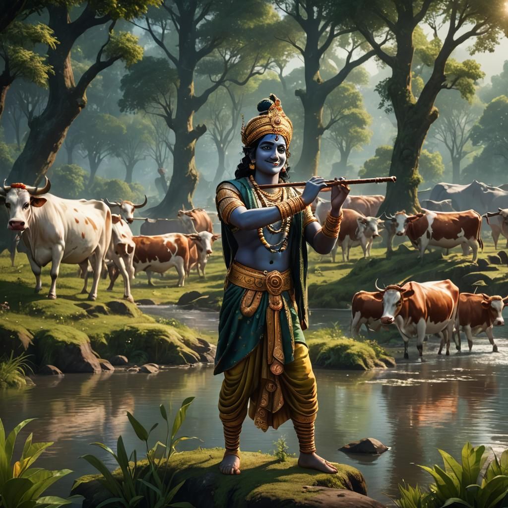 Krishna Playing Flute by River in Detailed Matte Painting