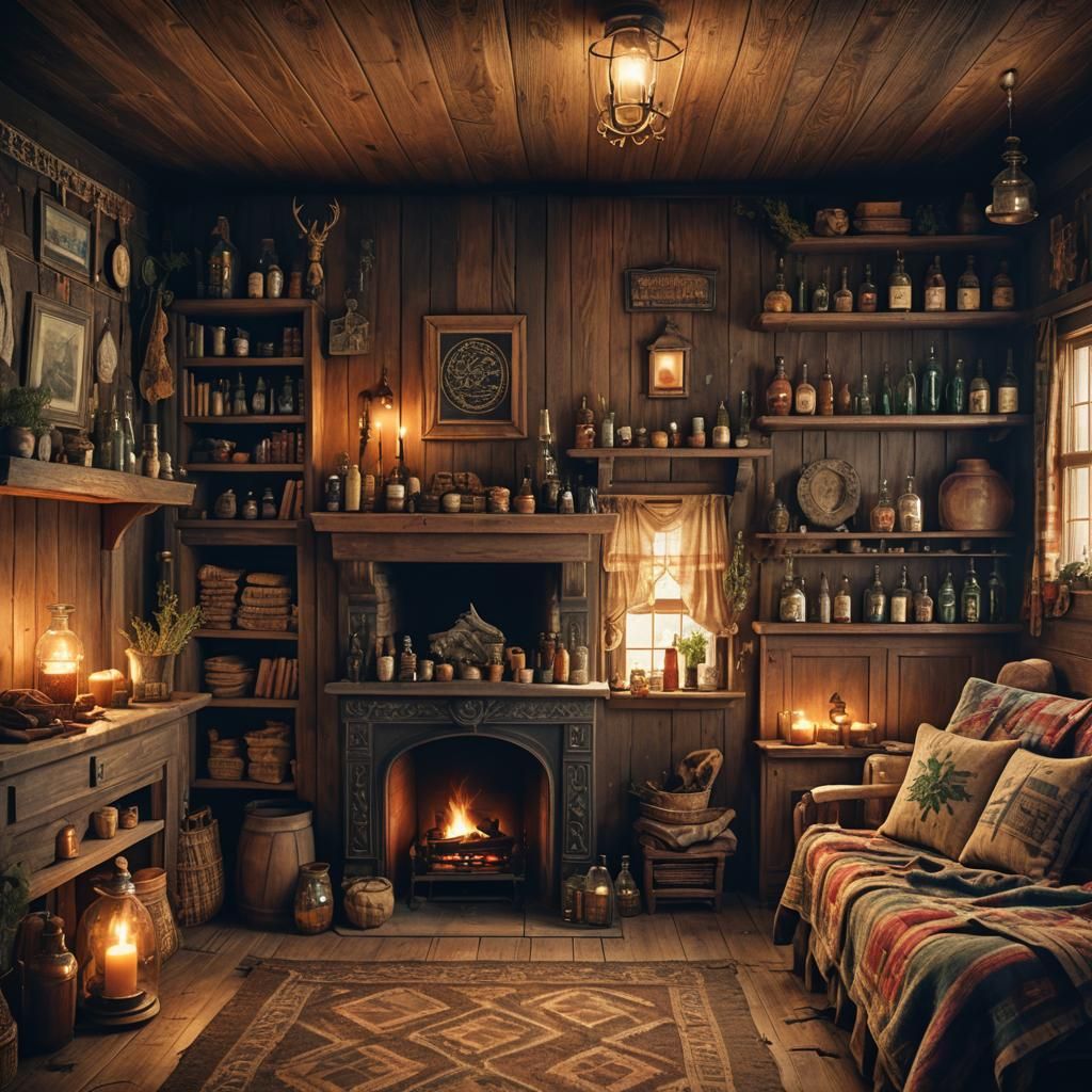 Cozy Cabin Interior with Ornate Details, Fantasy Ambiance