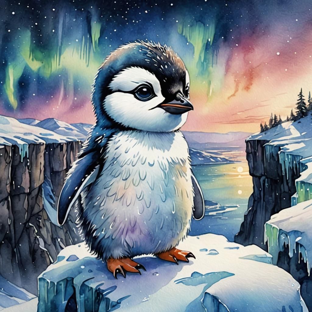 Watercolor Painting of a Cute Penguin in Winter