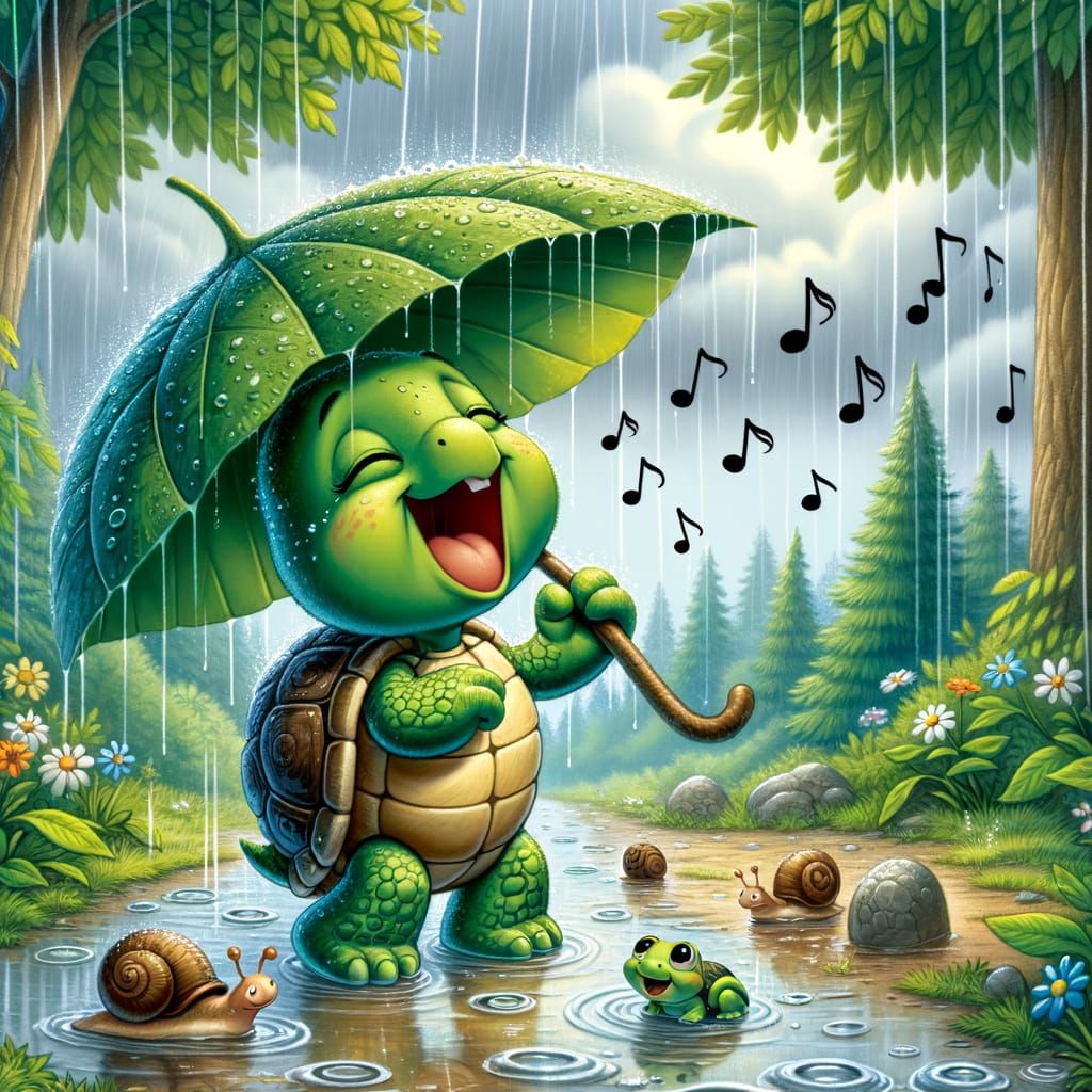 Joyful Turtle's Rainy Day Song in Children's Book Illustrati...