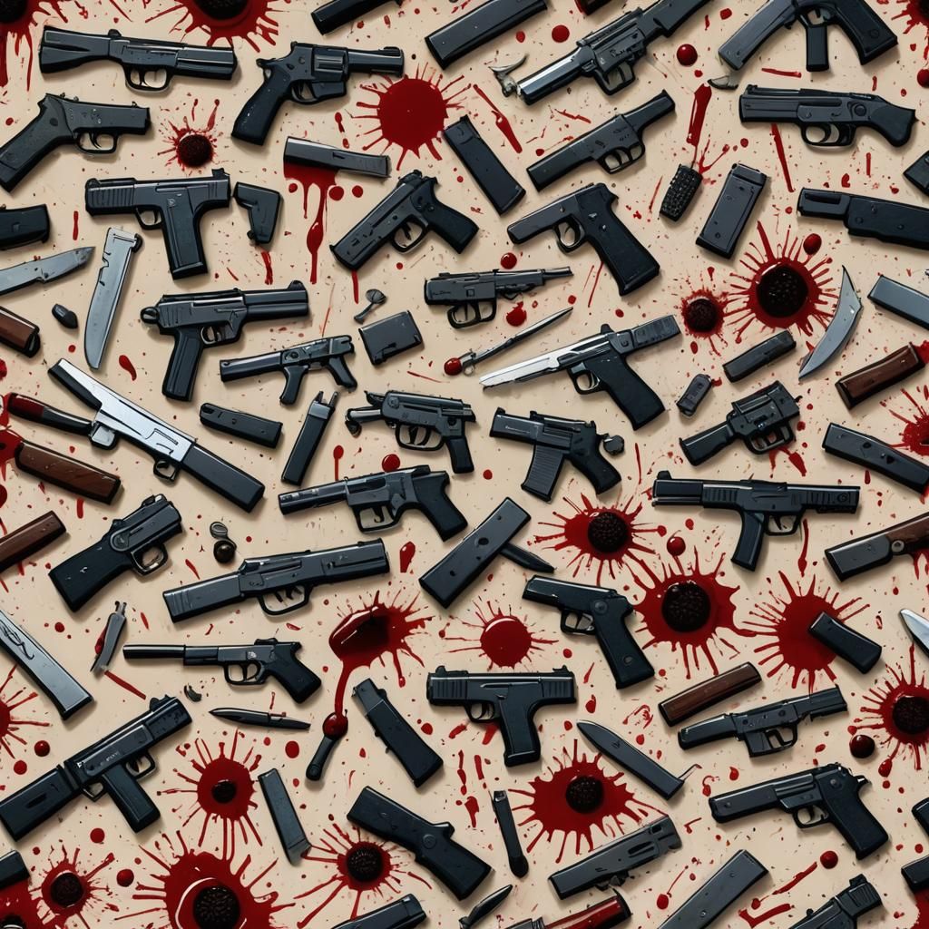 Disturbing Image of Weapons, Body Parts, and Blood
