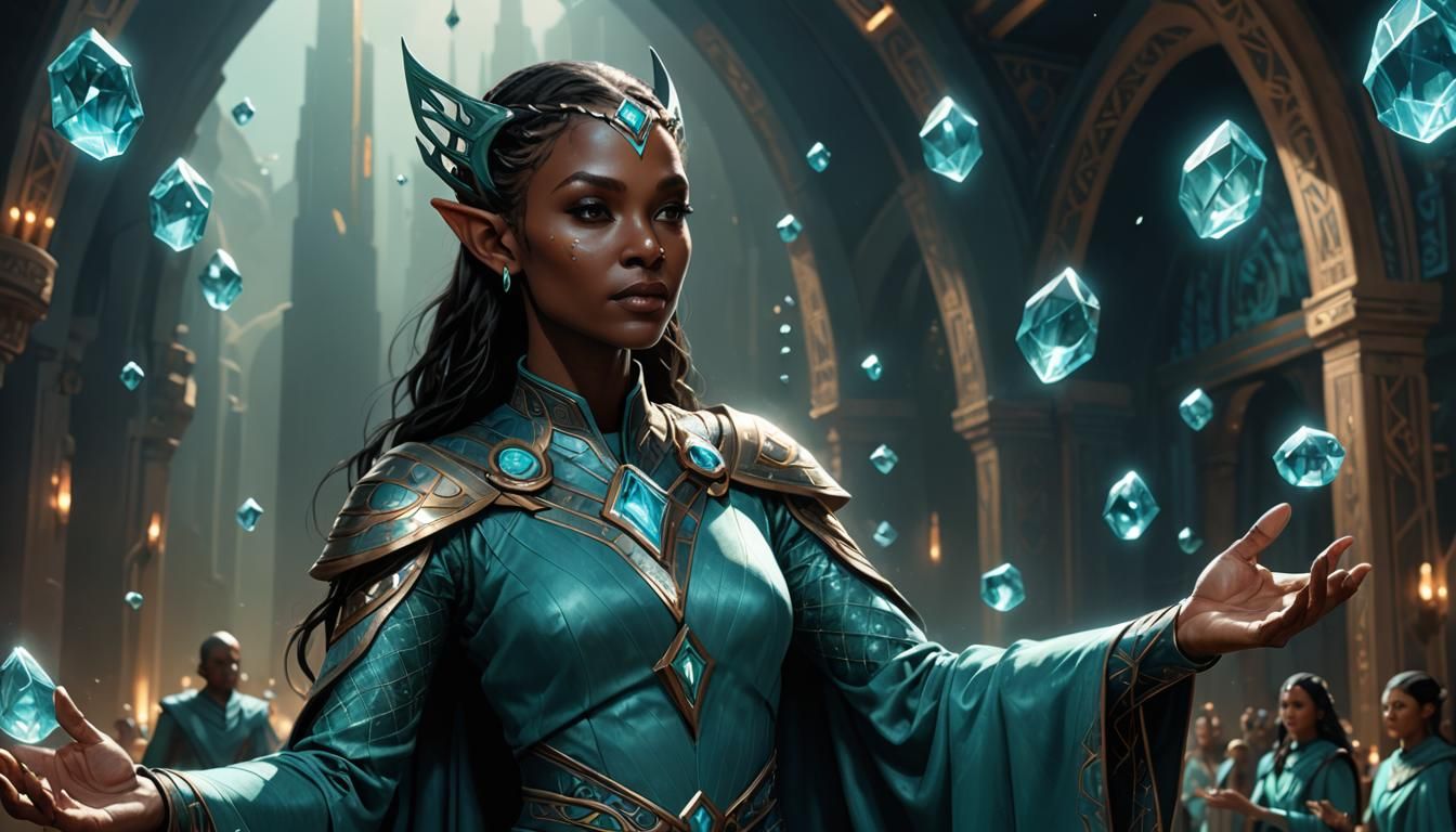 Half-Elven Priestess Juggling Aquamarines: Digital Art