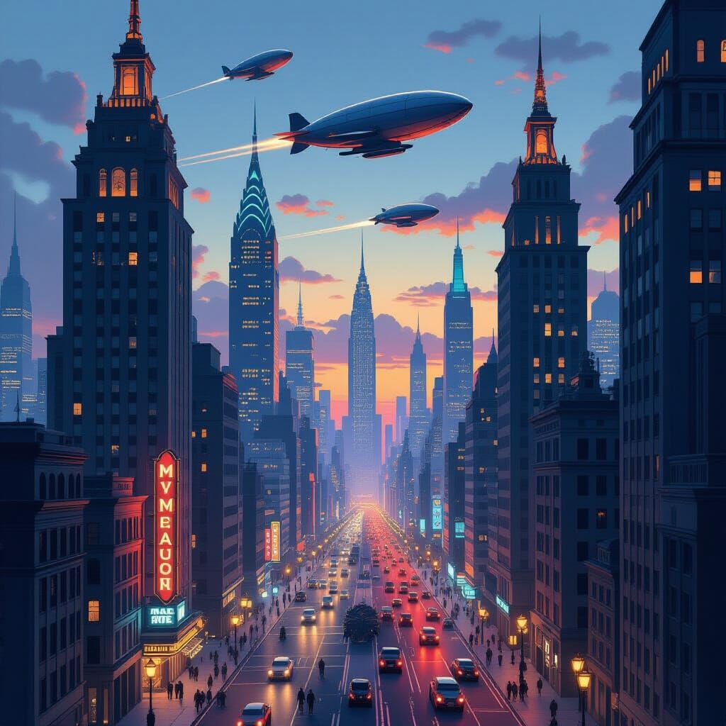 Retro-Futuristic Cityscape at Dusk with Art Deco Skyscrapers