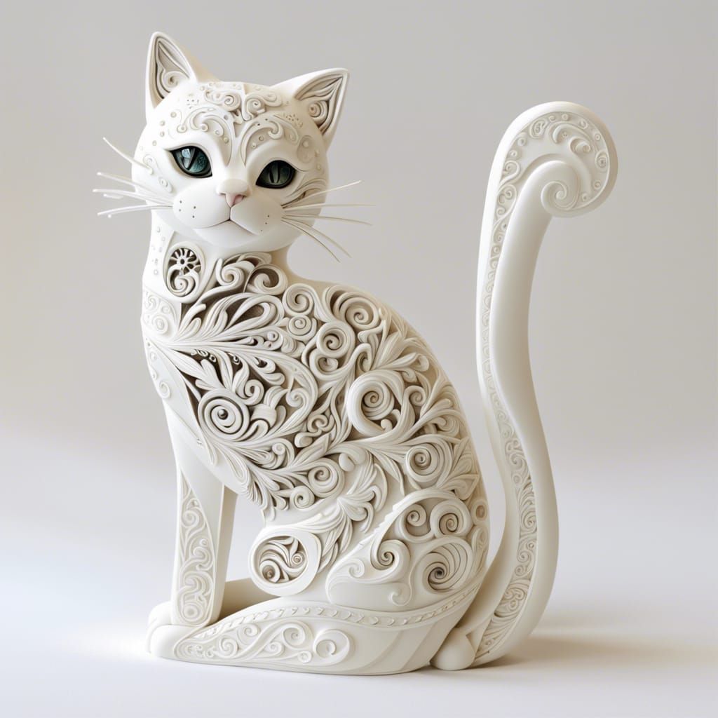 Elegant Porcelain Cat Carving in 3D Style