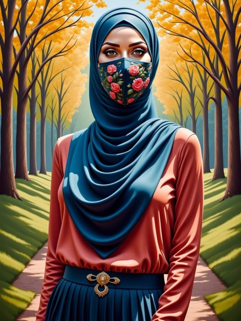 Woman in Hijab and Mask in Forest, Oil Painting