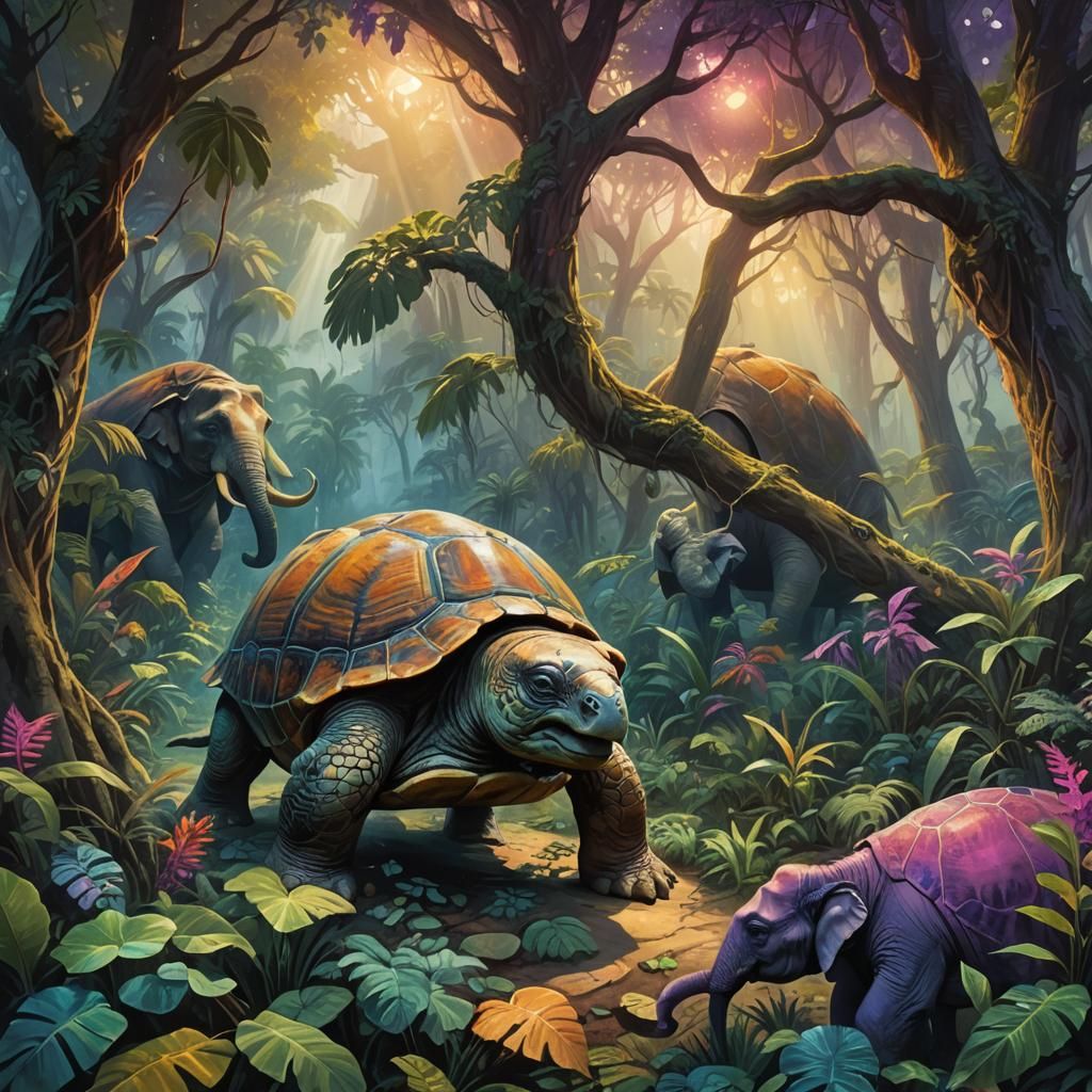 Giant Turtle Chasing Elephants in Mystical Jungle