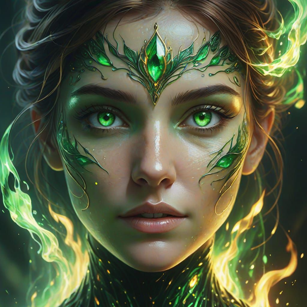 Emerald Goddess Radiates Liquid Green Fire