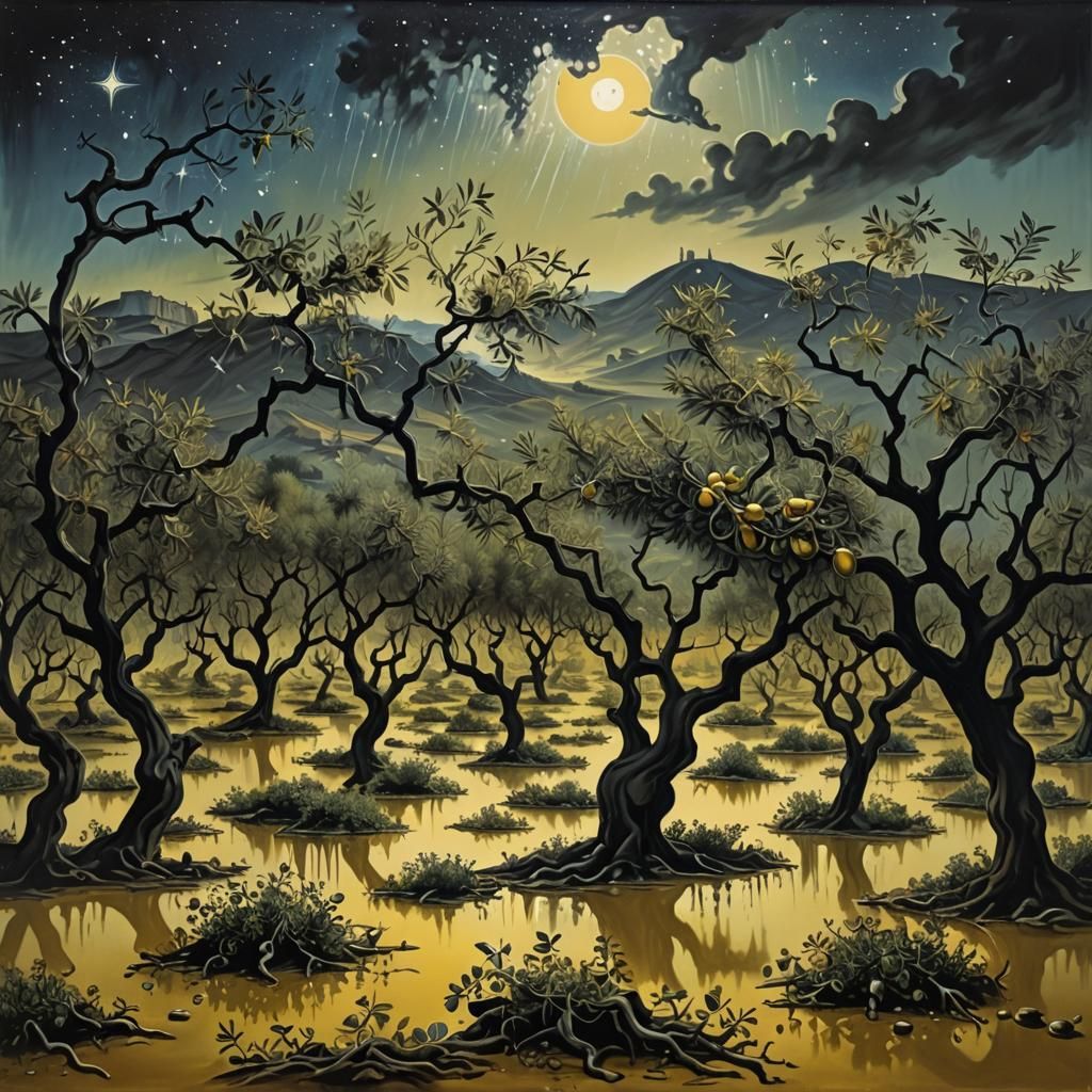 Surreal Olive Orchard Under Starry Sky, Dali Style