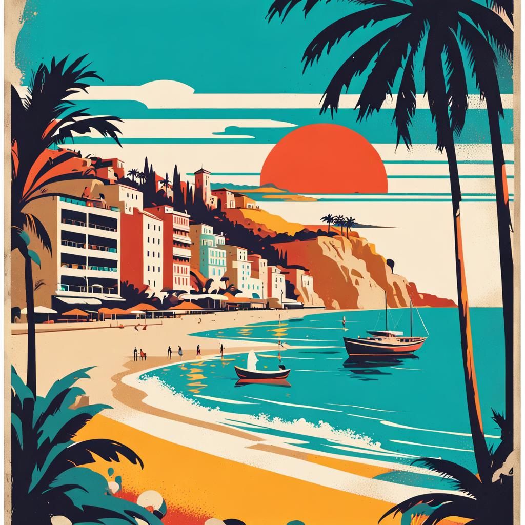 Mediterranean Beach Getaway in Retro Travel Poster Style
