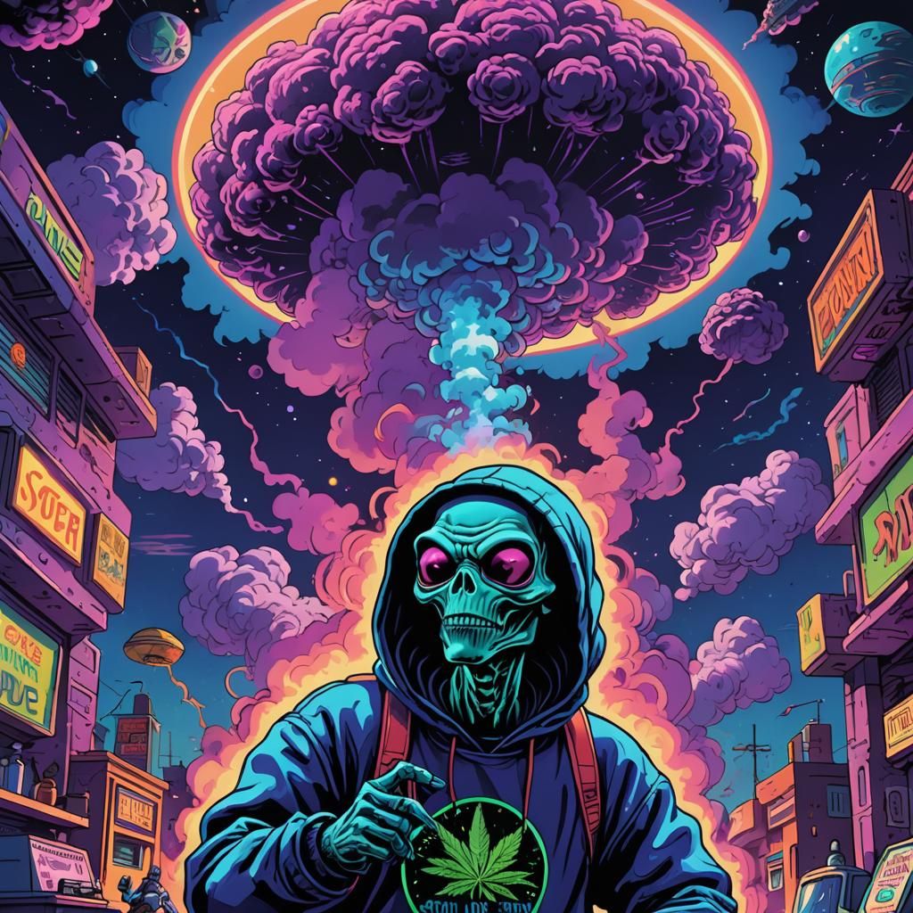 Alien Stoner in Retro-Futuristic Neon Lounge