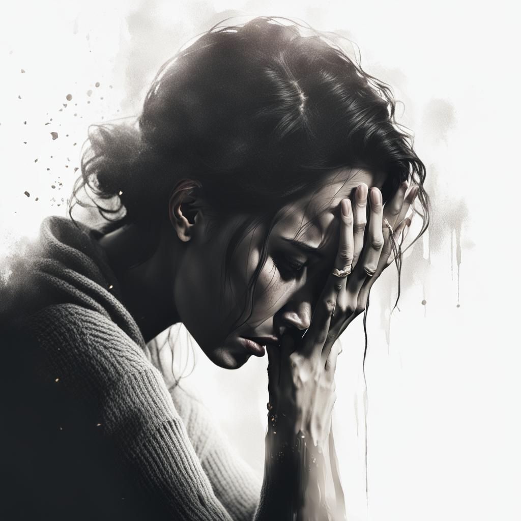 Emotional Digital Portrait of a Crying Woman