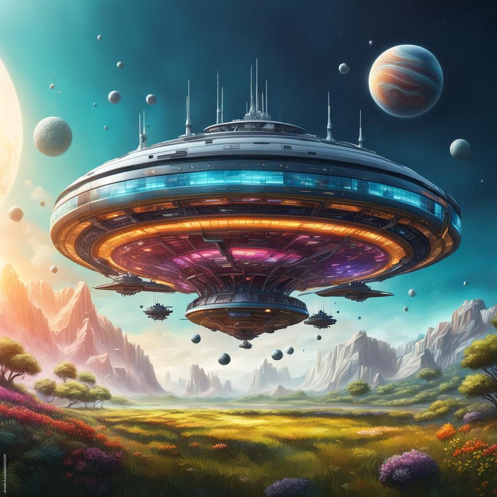 High Tech Starship Hotel on Planetary Meadow